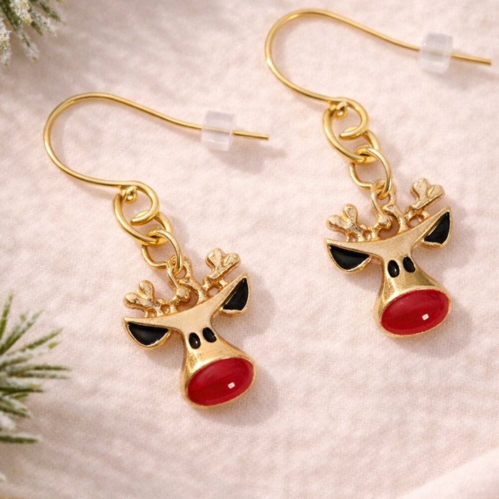 Gold Rudolph Reindeer Dangle Earrings Red Nose Enamel Christmas Festive